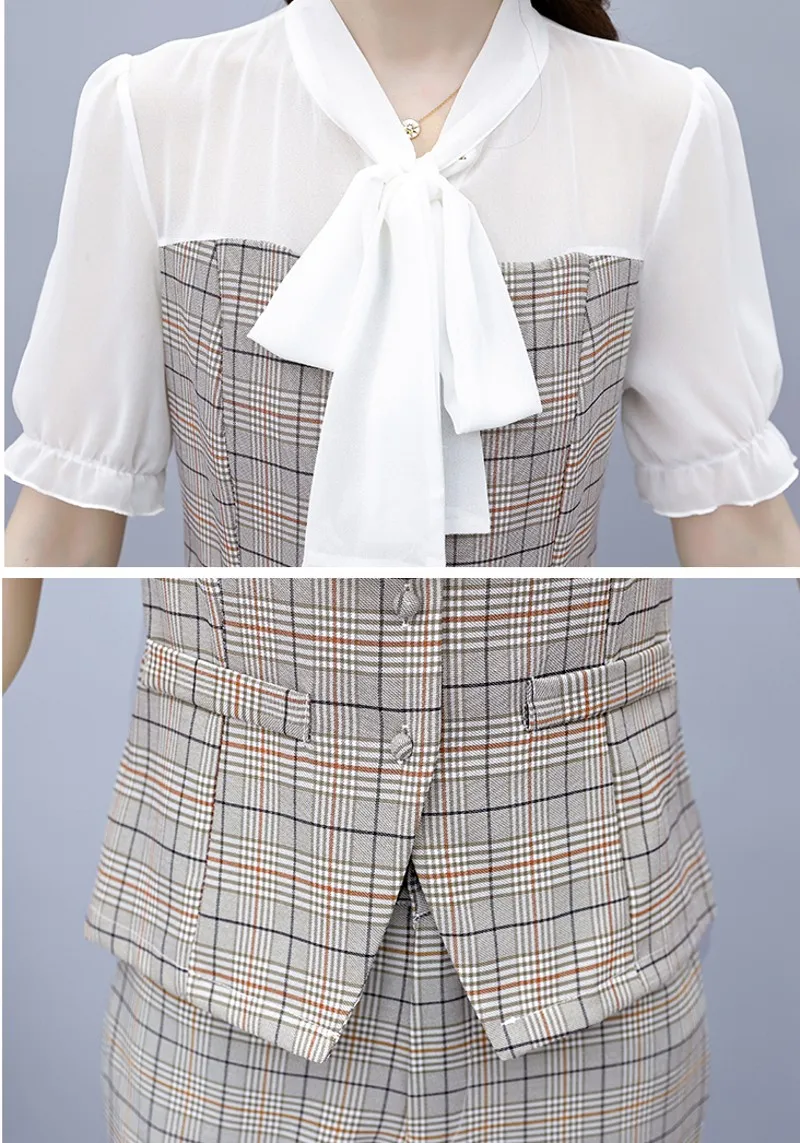 

2021 summer women's fashion bow plaid printing stitching shirts+Flared pants suits female plus size two-piece sets