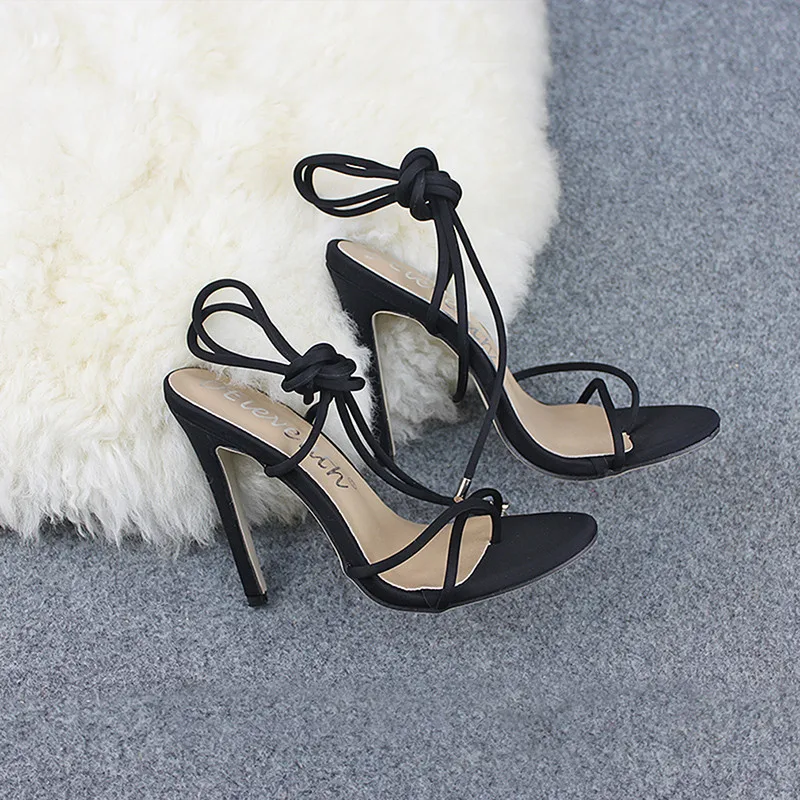 

2021 European Summer Sandals Candy Color Point Toe Lace Ankle Strap Party High Heels Pumps 11.5cm High Thin Heel Sandals Lady