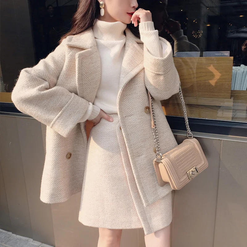 

Set Of 2-Pieces Of Winter Wool Coat Vintage Single Jacket + Mini High Belt Exit From A Line Korean style