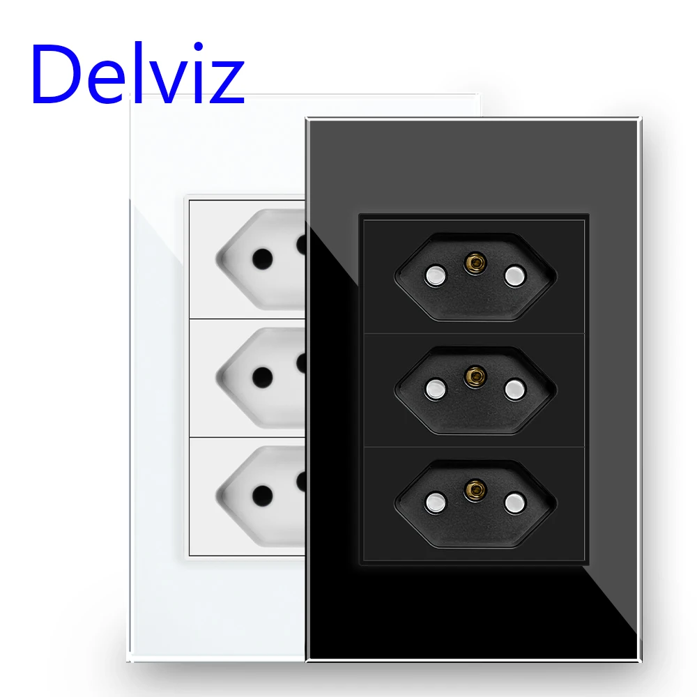 Delviz Brazil Standard Socket, 120mm*72mm Crystal Glass Panel,White/Black,AC 110V~250V, 3gangs 3 Pins hole 10A Power Wall Outlet