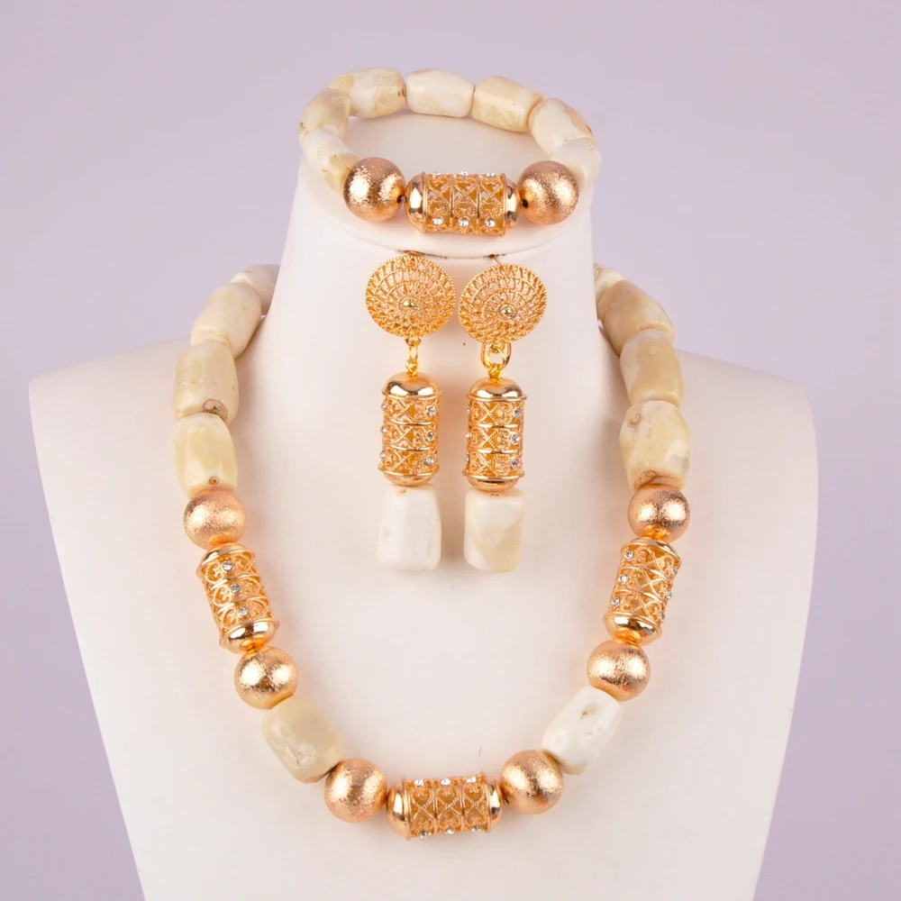 Nigerian Bride Wedding Jewelry African wWedding Ethnic Costume Accessories White Natural Coral Necklace Jewelry Set AU-69