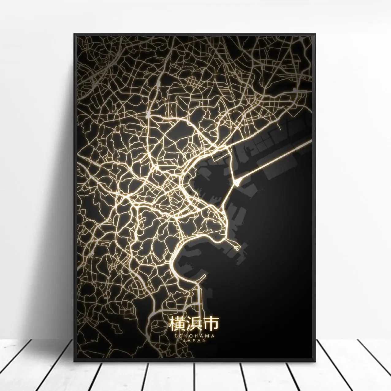 Осака сапоро Sendai Токио Йокогама Япония черный и золотой Холст Настенная карта