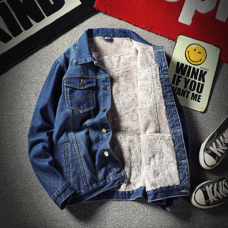 Мужские осень-зима плюс толстый бархат джинсовая куртка с эффектом