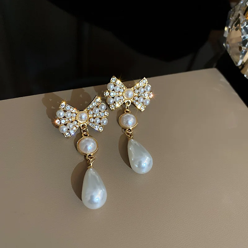 

New 925 Silver Needle Diamond Pearl Bow Earrings Necklace Set for Women Korean Fashion Jewelry Accessories for Girls Wholesale