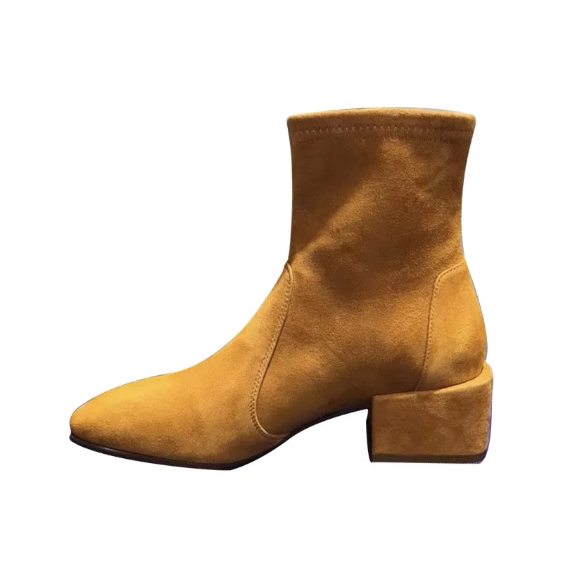 Кожаная обувь женские модные эластичные Ботинки martin на квадратном каблуке с