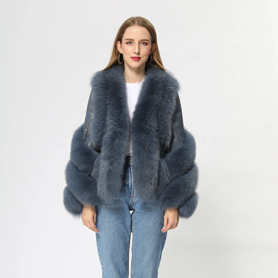 

Janefur High Street Women Strip Cut Motor Sheepskin Leather Genuine Fox Fur Jacket
