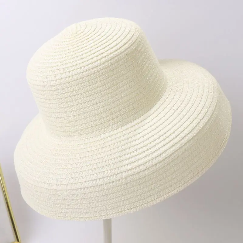 

2020 Womens Vintage Hepburn Straw Sun Hat Bell Shaped Wide Brim Vacation Beach Cap Summer Solid Color UV Protection Travel Caps