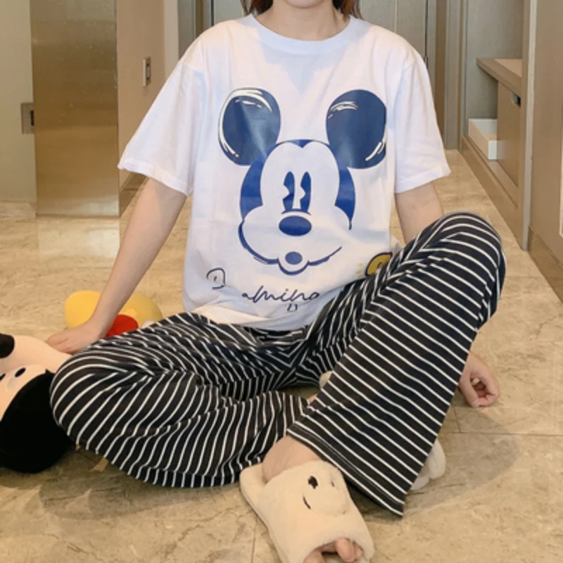 

M-2XL Plus Size Disney Anime Mickey Mouse Casual Conjuntos De Mujer Summer Print T Shirt and Striped Pants Pajamas Set for Women
