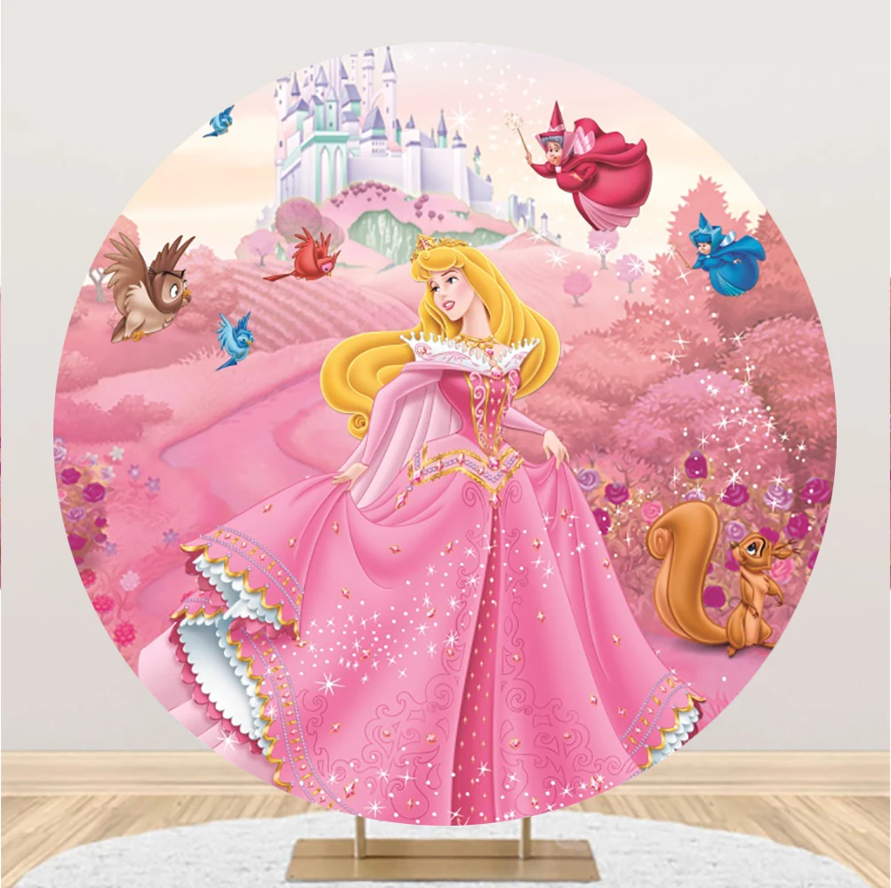 

Custom Baby Girl Happy Birthday Party Round Background Magic Princess Castle Photo Backdrop Circle Stand Cover Aurora Banner