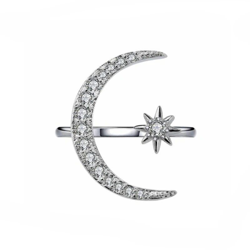 

Elegant Exquisite Women Alloy Opening Crescent Star Ring Diamond Moon Decoration Casual Party Engagement Wedding Ring Jewelry