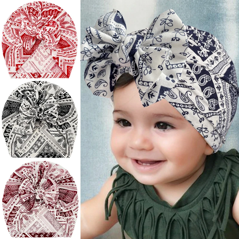 

Children Print Baby Hat Kids Bow Cap Newborn Girls Photography Props Spring Autumn Printed Beanie Turban Infant Props Baby Gifts