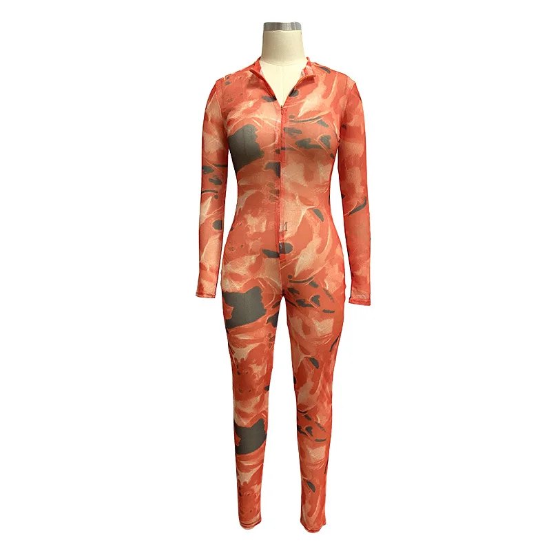 

High Waist Casual One Piece Bodysuit New Women Front Zipper Full Sleeve Fitness Jumpsuit Fashion Deep V Neck Club Party Playsuit