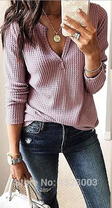 

Womens V Neck T Shirts Solid Long Sleeve Waffle Knit Loose Top