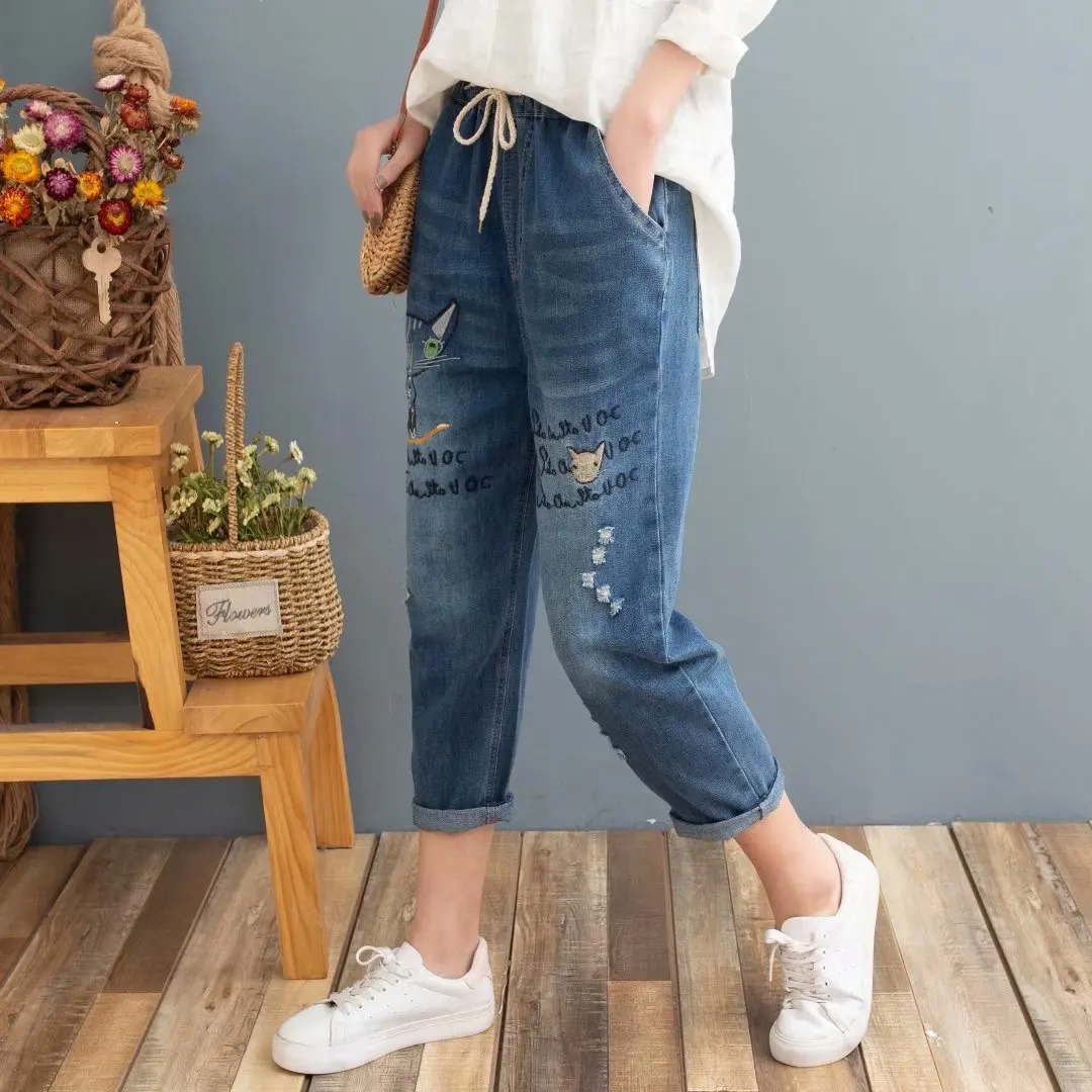 Новинка лета 2020 женские джинсовые брюки с вышитыми цветами свободный