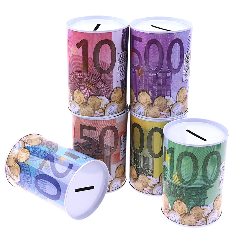 

1pc Euro Dollar Metal Cylinder Piggy Bank Saving Money Box Home Decoration