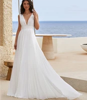 hot chiffon wedding dress 2021 pleats v neck gorgeous sweep train bridal gowns simple beach robe de mairee