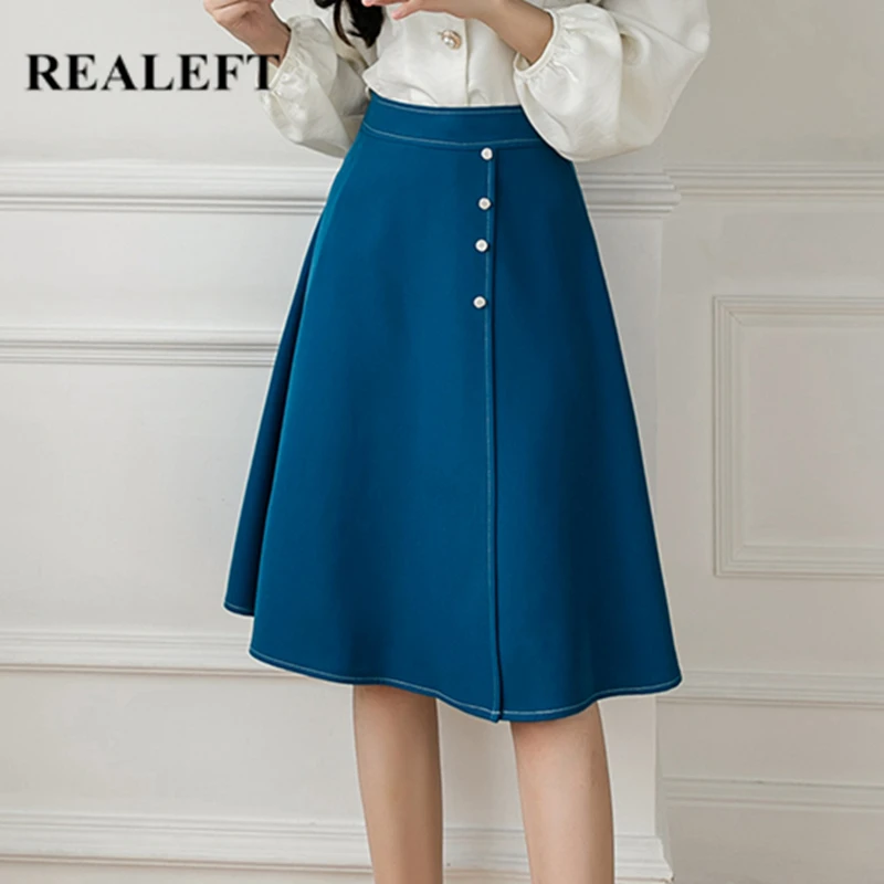 

REALEFT Spring Autumn 2021 New Elegant Women's A-Line Skater Skirts High Waist Buttons Office Ladies Casual Chic Midi Skirts