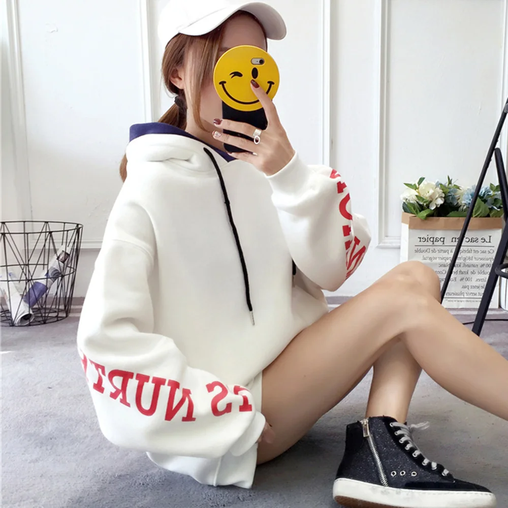 Женские толстовки с капюшоном в стиле Харадзюку буквенным принтом теплые