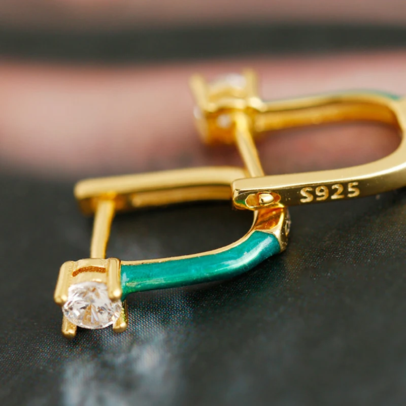 

BOAKO 925 Silver U Shape Earlobe Buckle Hoop Earrings Cute Geometric Small Zircon Green Circle Earring Jewelry Women Gift Aros