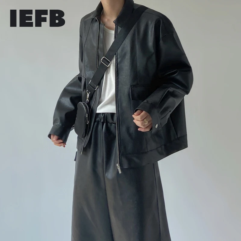 

IEFB 2021 Autumn PU Leather Men's Loose Fit Korean Fashion Lapel Locomotive Zipper Coat Tide New Black Jackets Casual 9Y5675