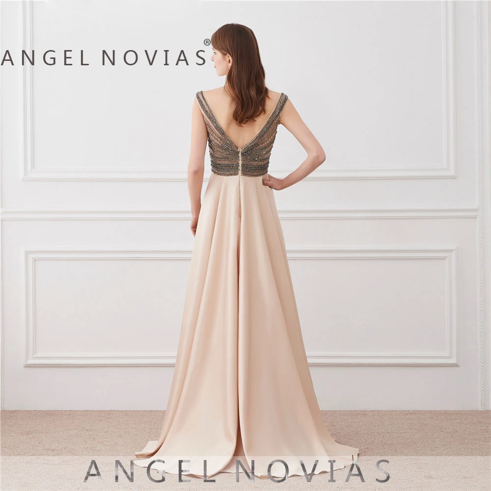 ANGEL NOVIAS длинное сексуальное вечернее платье цвета шампанского с открытой спиной шикарные блестящие платья для выпускного с бусинами