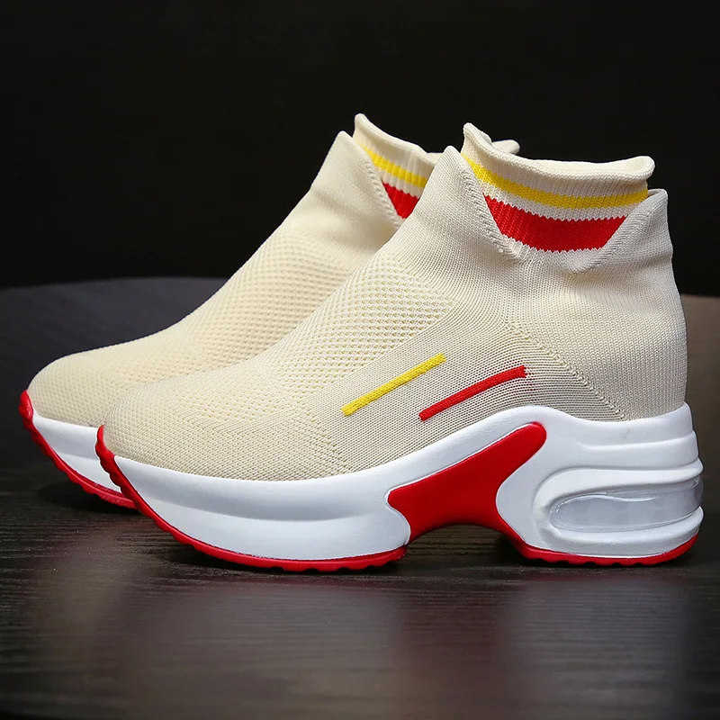 

Ботинки женские сетчатые красные, на весну и осень, Новинка лета 2021, эластичные ботинки-носки, вязаные ботинки на толстой подошве