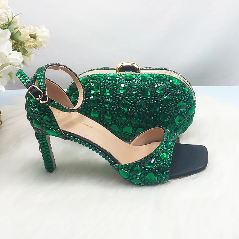 

BaoYaFang 2021 NEW ARRIVE Green Crystal Wedding Shoes Woman Thin Heel Pointed Toe Bridal Party Dress Shoe Big Size High Pumps