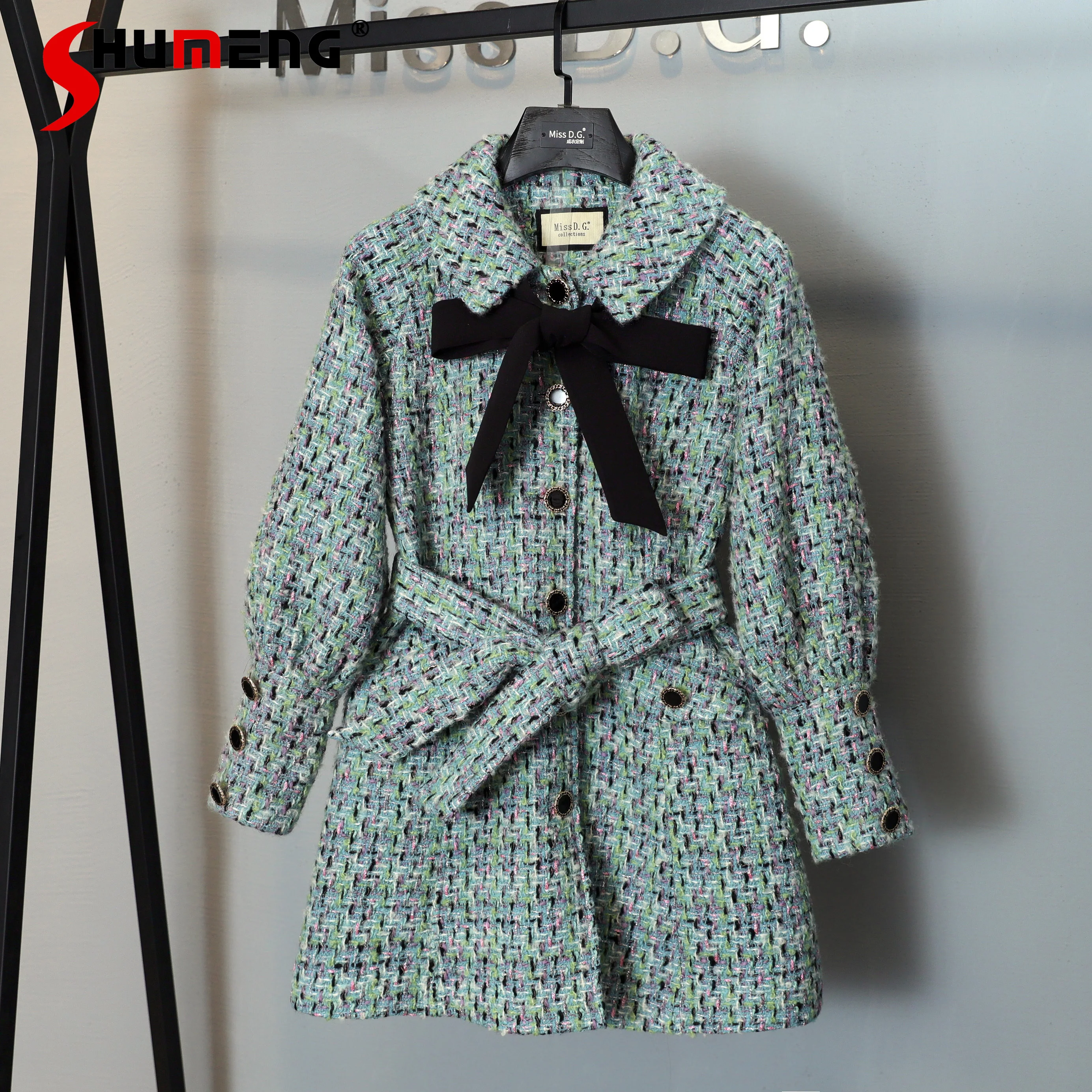 

New Female 2021 Winter Fashion Office Lady Sweet Slim-Fit Woolen Jacket Women's Elegant Bow Simple Solid Mid-length Wool&blends