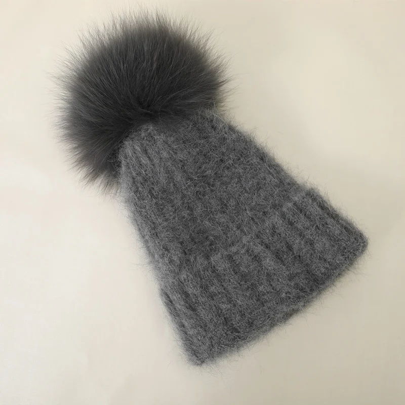 Шапка женская с помпоном из лисьего меха Зимняя шерстяная шапка модная