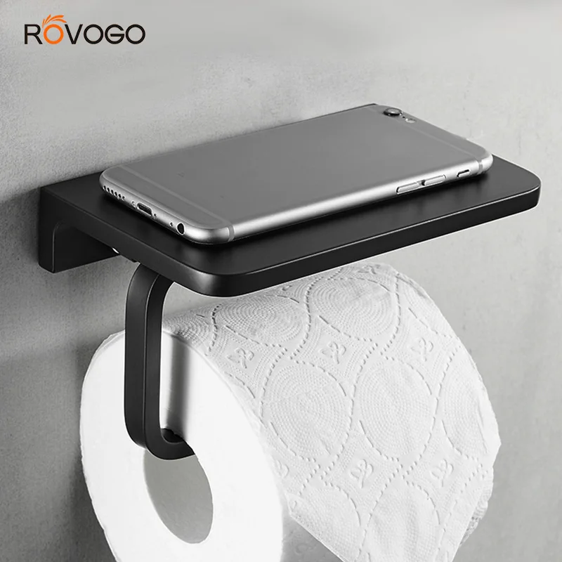 Держатель ROVOGO для туалетной бумаги с полкой матовый черный аксессуары ванной