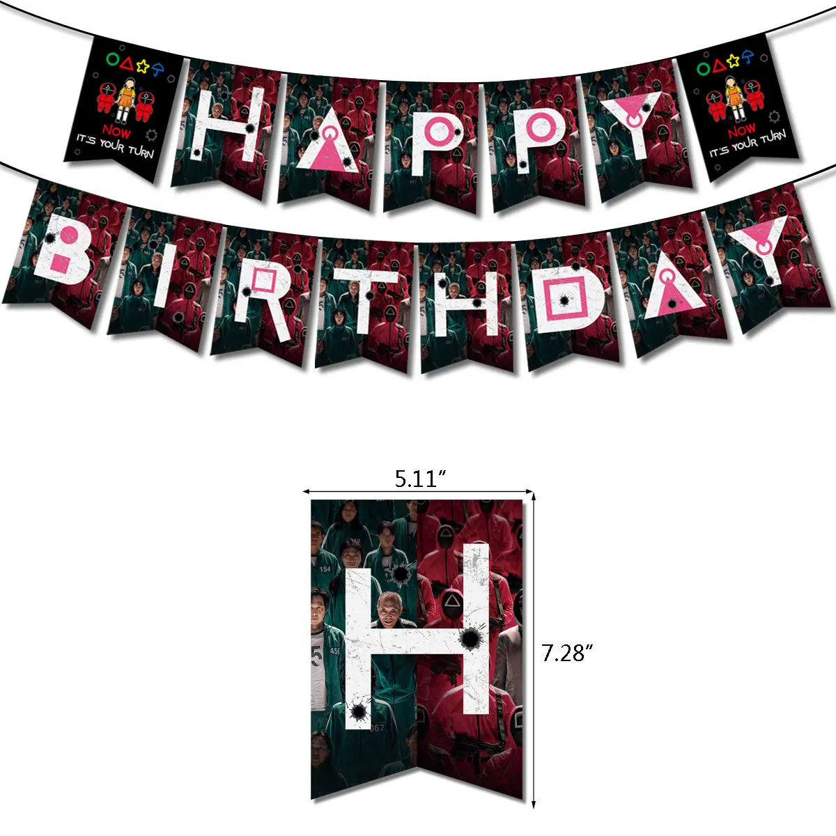 Suministros de fiesta de cumplea&ntilde;os con tem&aacute;tica de juego de calamar, incluye pancarta, adorno para pastel, adornos para cupcakes, globo para decoraci&oacute;n de fiesta de cumplea&ntilde;os para ni&ntilde;a-4