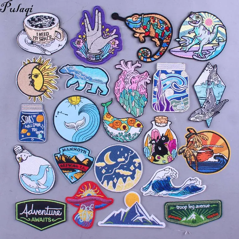 

Nature Adventure Outdoor Travel Patches On Clothes Iron On Patches For Clothing Wave DIY Embroidered Patches For T-shirt Badges