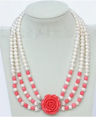

17"-20" 7-8mm 3row round white freshwater pearls pink coral necklace