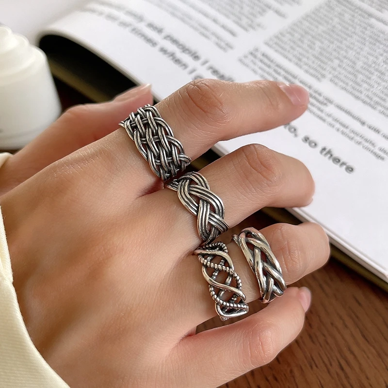 

Silvology 925 Sterling Silver String Knot Weave Chain Rings for Women Twist Vintage Do The Old Korea Rings Temperament Jewelry