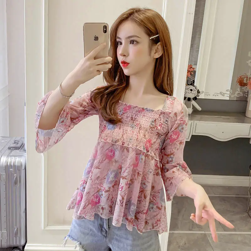 

Женская летняя обувь блузки 2021 сапоги с квадратным воротником и принтом шифоновая женская блуза с короткими рукавами рубашка с длинными ру...