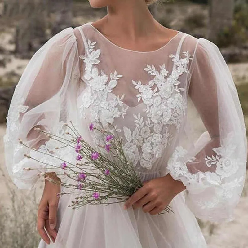 

Mandylandy Dress Elegance Embroidered Puff Sleeve High Waist O-Neck Dress Women's Casual Mesh Stitching See-through Lace Dress