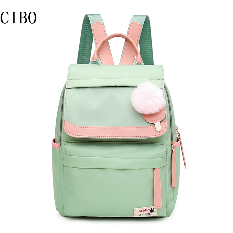 

2020 new ladies backpack nylon waterproof fashion hair ball pendant backpack female college bag travel leisure black backpack