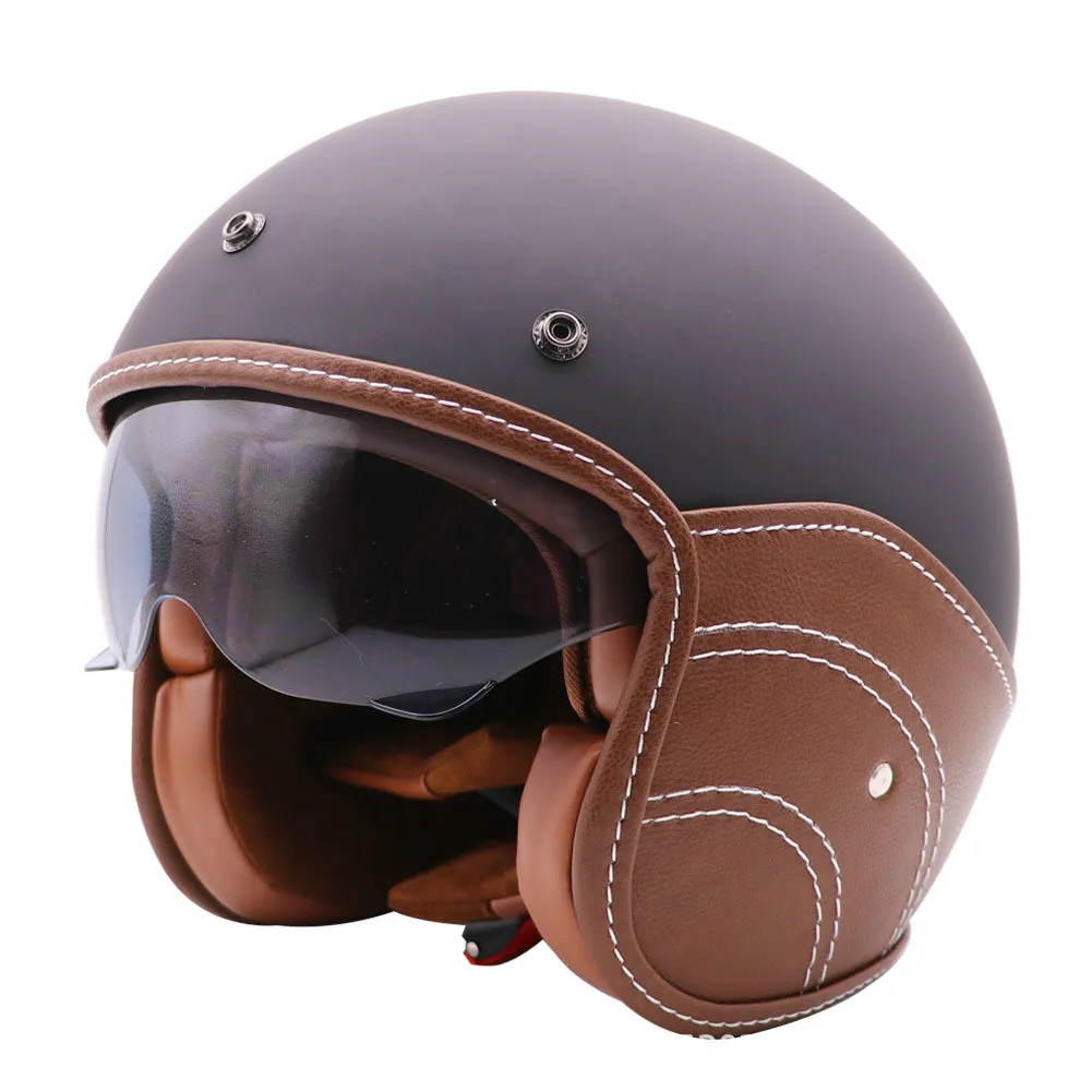 Мотоциклетный шлем с открытым лицом винтажный из искусственной кожи для мужчин и