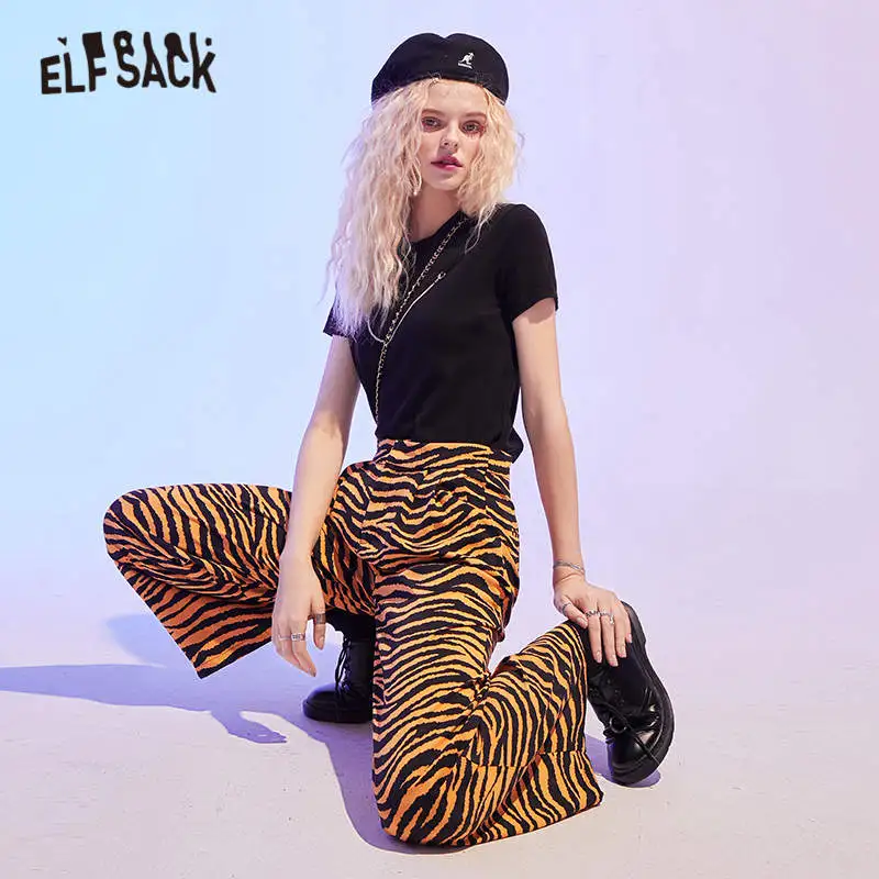 Женские прямые повседневные брюки ELFSACK оранжевые в полоску с тигром и широкими