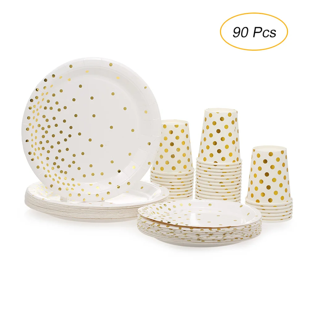 Dot bronzing 90pcs/set Disposable Tableware Party Supplies Colorful Paper Cups&Plates for Festival Christmas Wedding Birthday Decoration Drop - Цвет: Dot bronzing