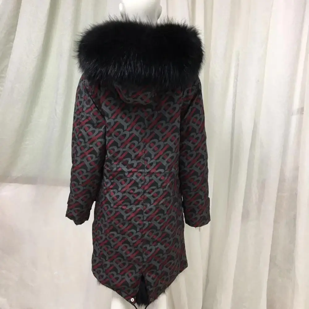 Brand Macaron design winter long black fox fur parka real fur rainbow grid design