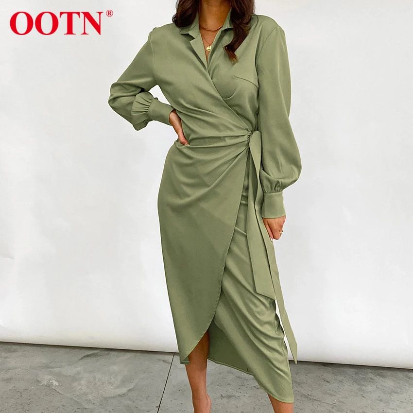 Женское асимметричное платье OOTN бежевое зеленое миди с v-образным вырезом и