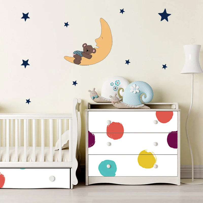 Милый спящий медведь и луна звезды Наклейка на стену для детской комнаты детская