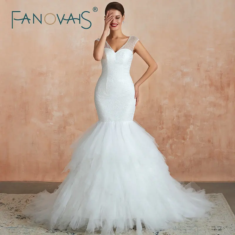 Женское свадебное платье с блестками винтажное блестящее Русалка оборками и V