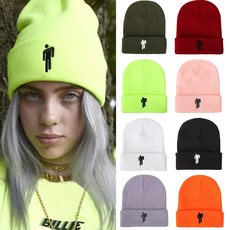 Новинка, модная женская шапка Billie Eilish, вязаная зимняя шапка, одноцветные вязаные шапочки в стиле хип-хоп