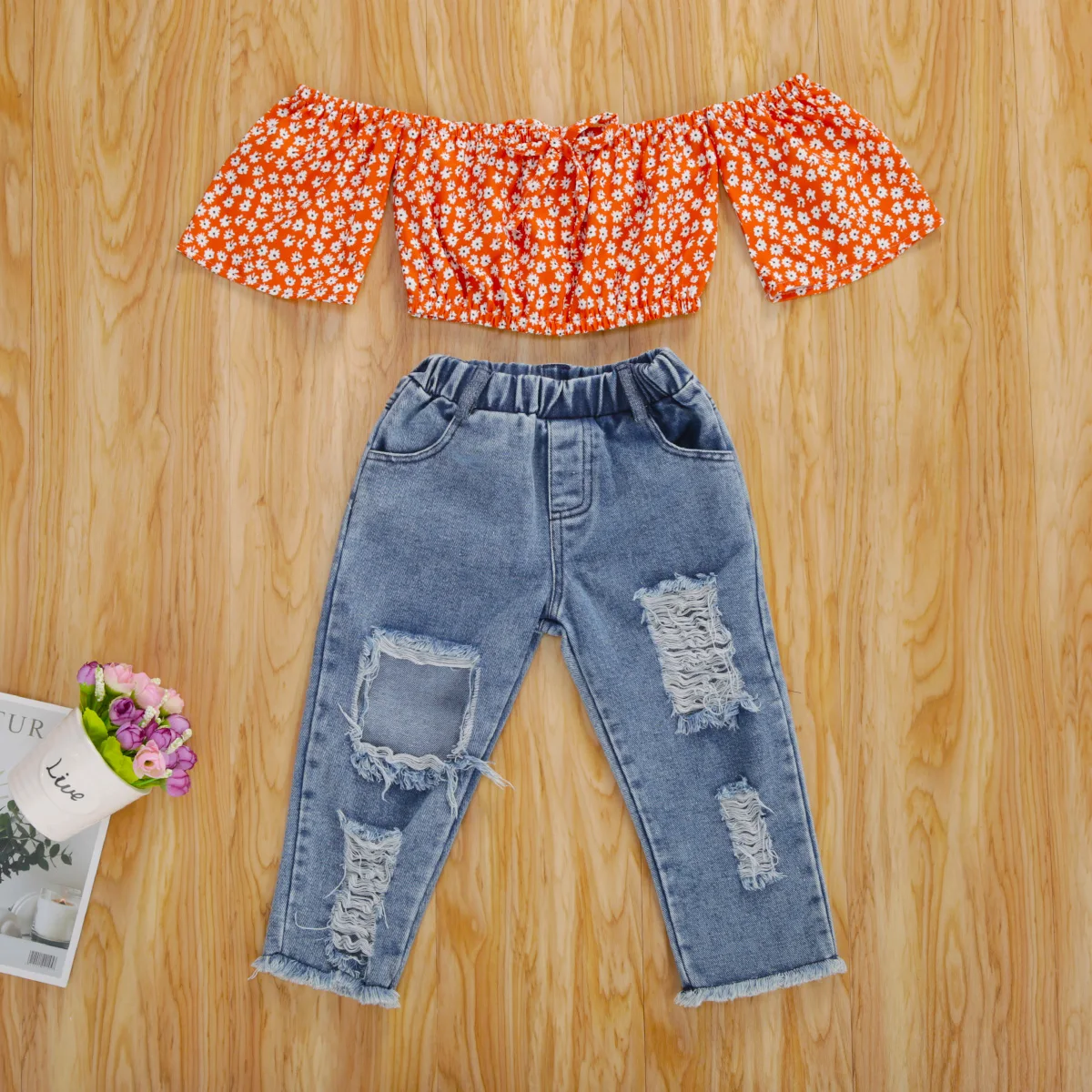 

Baby Girls Outfit Suit Flower Print Off Shouler Tops +Ripped Hole Denim Pants 2pcs Set 9m-5years