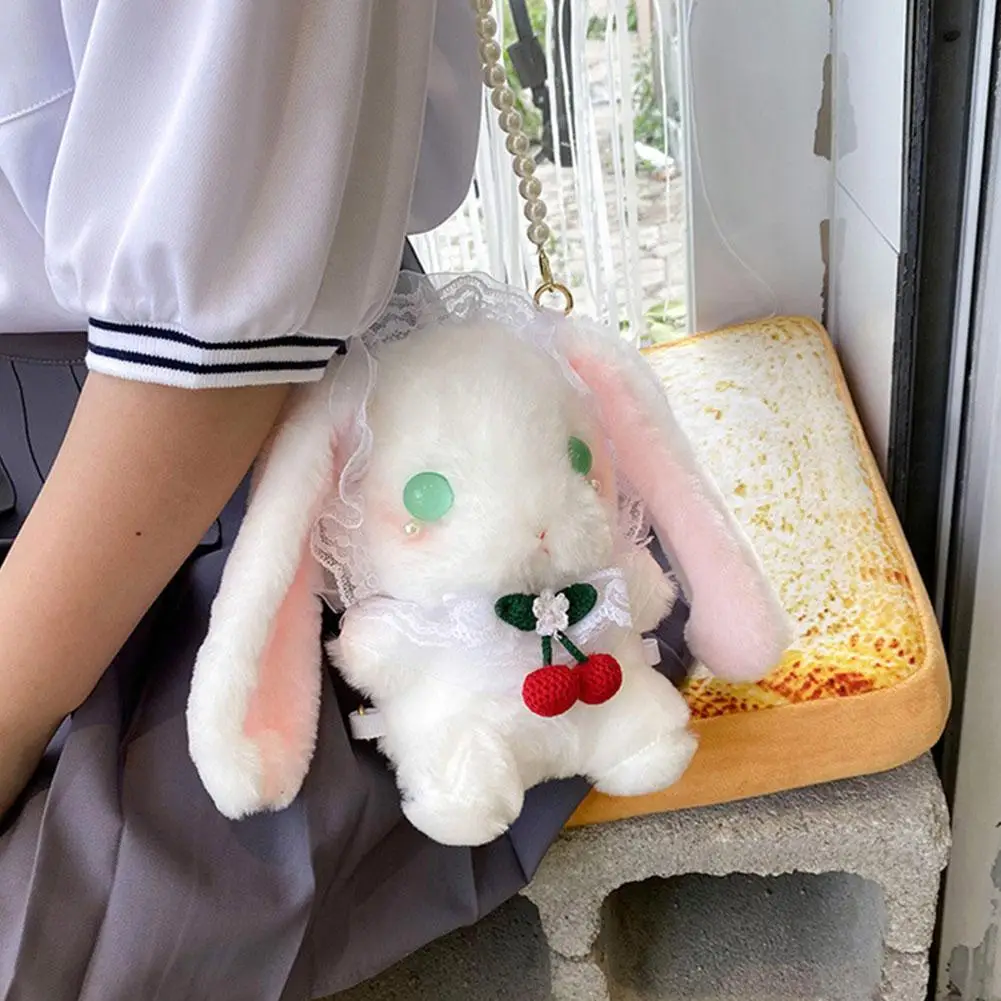 

3 Ways Girly Japanese Lolita Shoulder Bags Cute Plush Lop-eared Rabbit Pearl Beads Chain Backpack Messenger Bag Jk Accessories