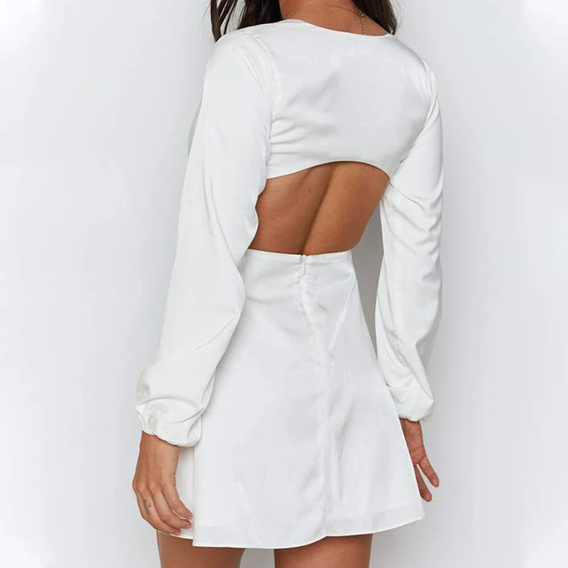 

ONEINALL White Hollow Out Sexy Dress For Women V Neck Long Sleeve High Waist Solid Dresses Female Summer Clothing 2021 New Style