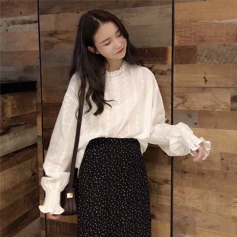 

Korean Loose Sweet Style White O-neck Lace Crochet Tops Flower Print Black A-line High Waist Skirts Women Clothing Spring Autumn