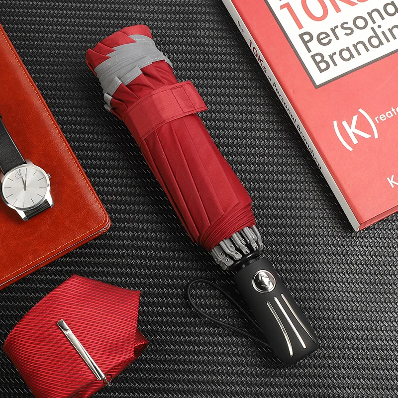 Ветрозащитный складной автоматический зонт с отражающими полосками большие